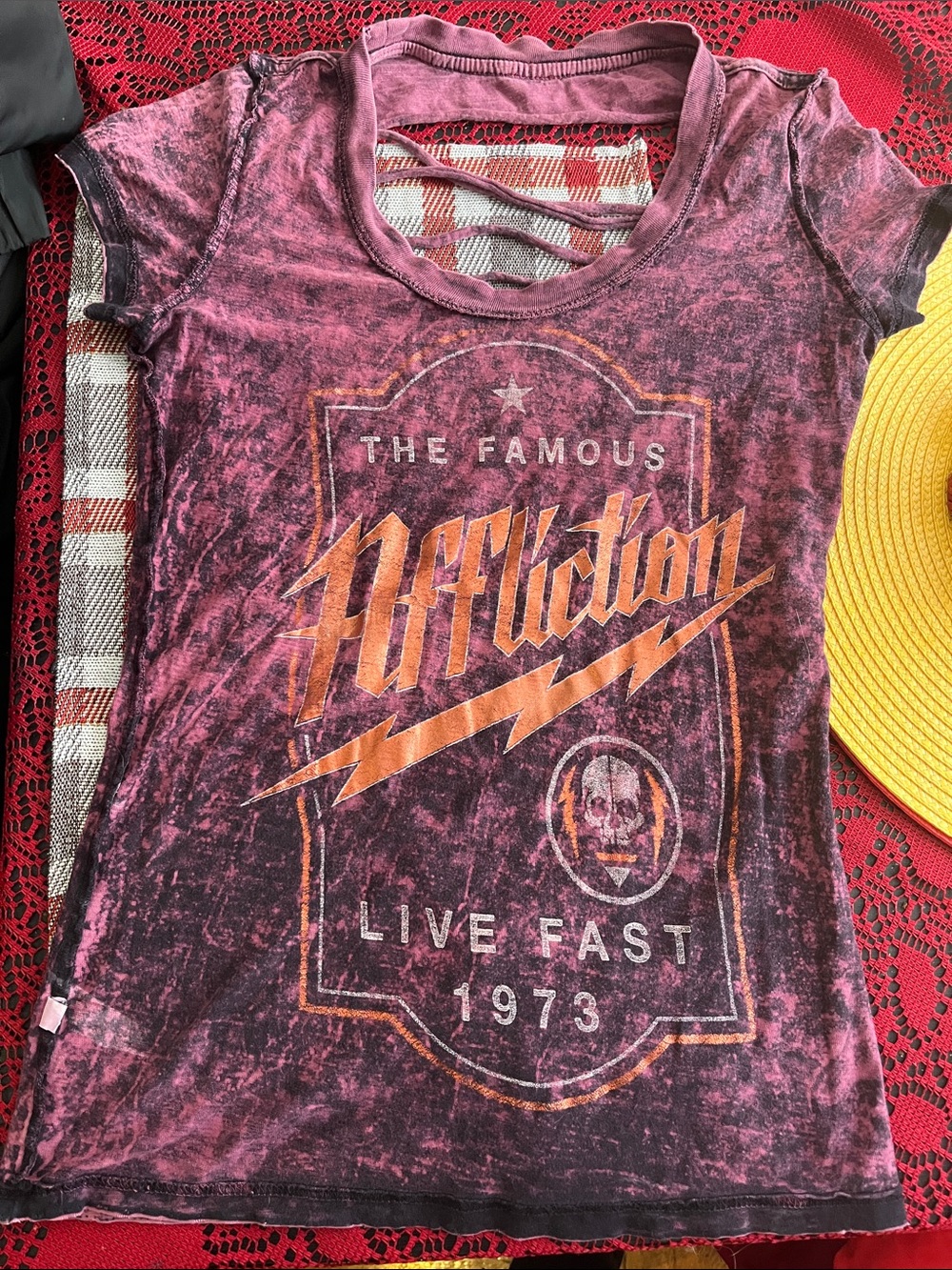 Affliction, Distressed Pink & Orange Reversible Tee, Women’s Size Extra Small